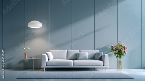 A sophisticated living room featuring a rich silver color palette, with minimalist furnishings and a clean, uncluttered layout. Perfect for projects that require a sleek and modern interior design.