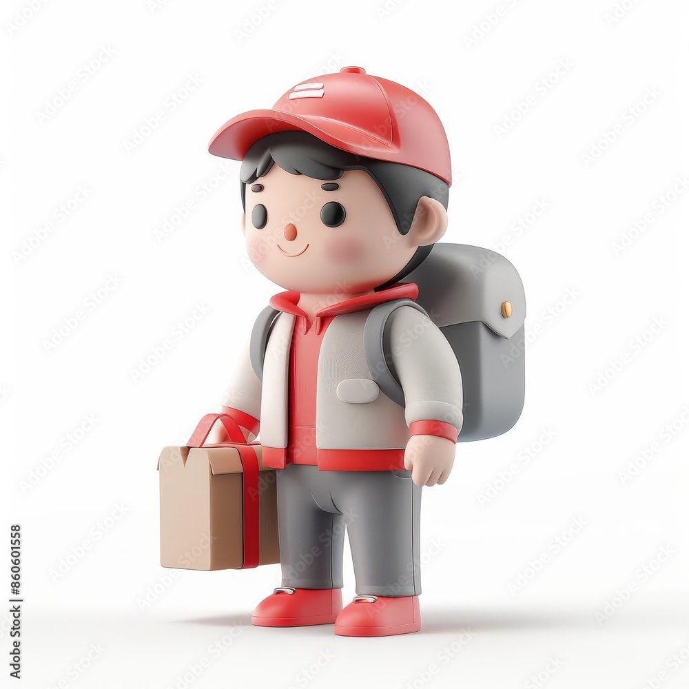 A delivery person with package, occupation, 3D render, urban setting, isolated on white background A delivery person with package, occupation, 3D render, urban setting, isolated on white background