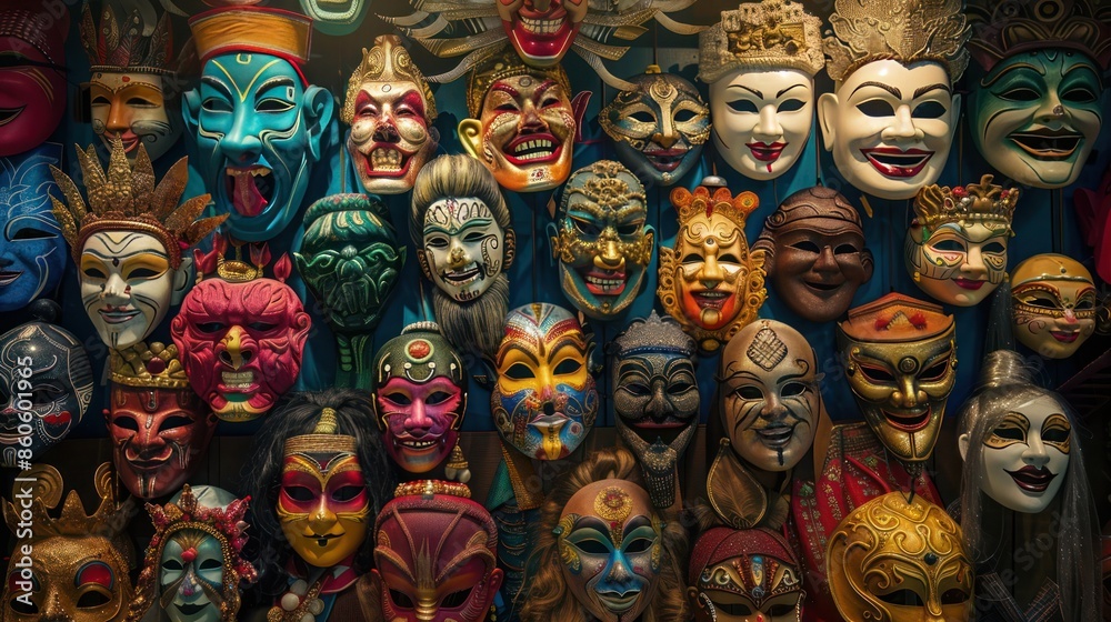 An assortment of traditional festival masks from various cultures, displayed in a colorful and festive environment, celebrating Friendship Day.