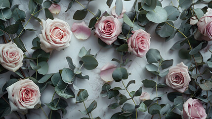 Flowers composition made of rose flowers and eucalyptus branches Mock up with flowers Flat lay top view : Generative AI