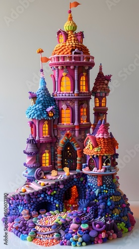 The Dark Chocolate Cubs Candy Castle, Imagine a castle made of candy where a cub made of dark chocolate discovers hidden chocolate treasures. Paper Art, flashy color