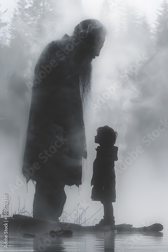 Shadows of the Past, Craft an image showing dark silhouettes of fathers and sons disappearing into mist on Fathers Day. Silhouette photo, Perspective View