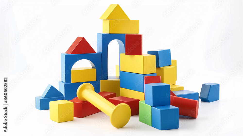 Obraz premium Colorful Wooden Building Blocks Arranged in a Creative Structure, a Fun and Educational Toy for Children