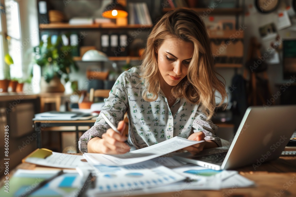 A focused woman working on financial documents at home with a laptop, surrounded by papers and plants in a well-lit, cozy environment. A focused woman working on financial documents at home with a laptop, surrounded by papers and plants in a well-lit, cozy environment.