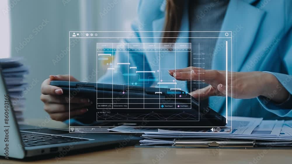 Project manager working with Gantt chart schedule to plan tasks and deliverables. Scheduling activities with a planning software, Corporate strategy for finance, operations, sales, marketing.