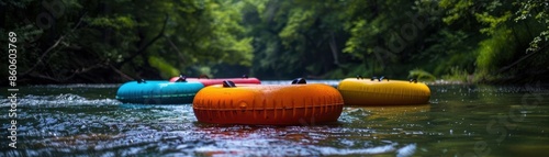 Colorful inner tubes drifting on a calm river, framed by a peaceful forest backdrop
