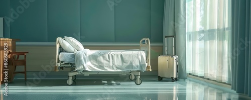 Sunlit hospital room with an empty bed and luggage, symbolizing patient discharge or travel