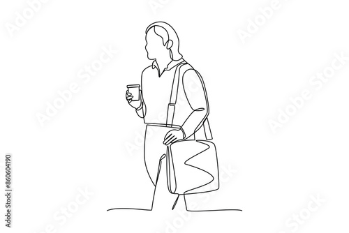 Simple continuous one line drawing of a woman goes to work while enjoying a cup of coffee. Daily Activities minimalist conept. Simple vector illustration.