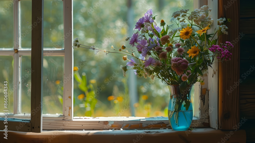 Bouquet of wild flowers in a vase on the window of an old country house summer cottage : Generative AI Bouquet of wild flowers in a vase on the window of an old country house summer cottage : Generative AI