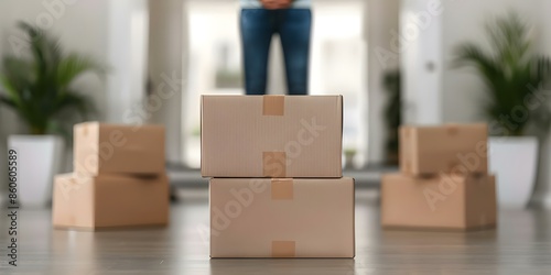 New Home Delivery Cardboard Boxes Stacked Near Entrance for Moving In. Concept Moving Day, Home Delivery, Cardboard Boxes, Entrance, Stacked © Ян Заболотний