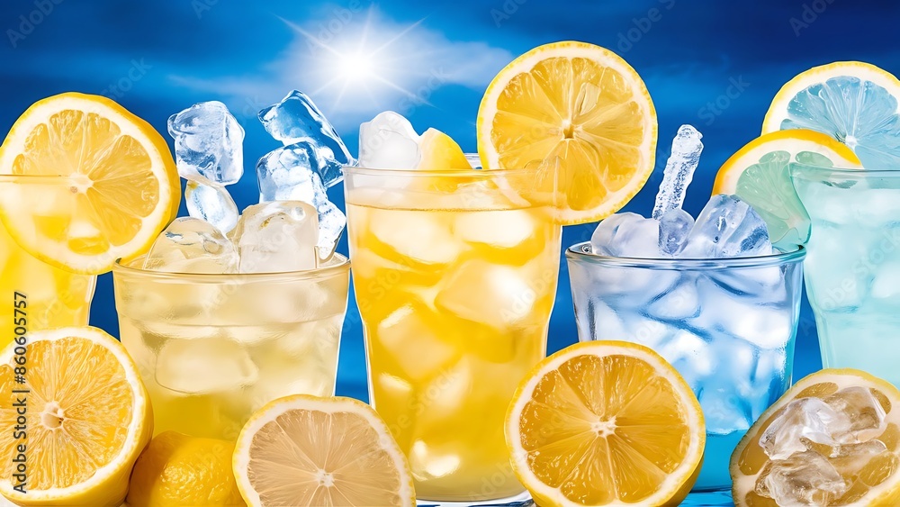 Various lemonade with ice in glasses over blue background Various lemonade with ice in glasses over blue background