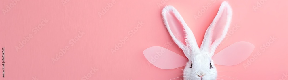 Obraz premium White rabbit with transparent fairy wings on a pink background. Concept: Dreams and fantasies, creativity, pets, children's fairy tales, inspiration