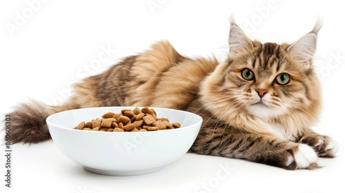 Fluffy cat with a bowl of dry cat food on white background. Pet care and nutrition. Cat food banner