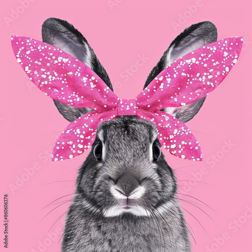 Rex rabbit with a pink bow on the ears and flowers.
Concept: Pets, cute and creative images, holidays and decorations, animals and accessories. photo