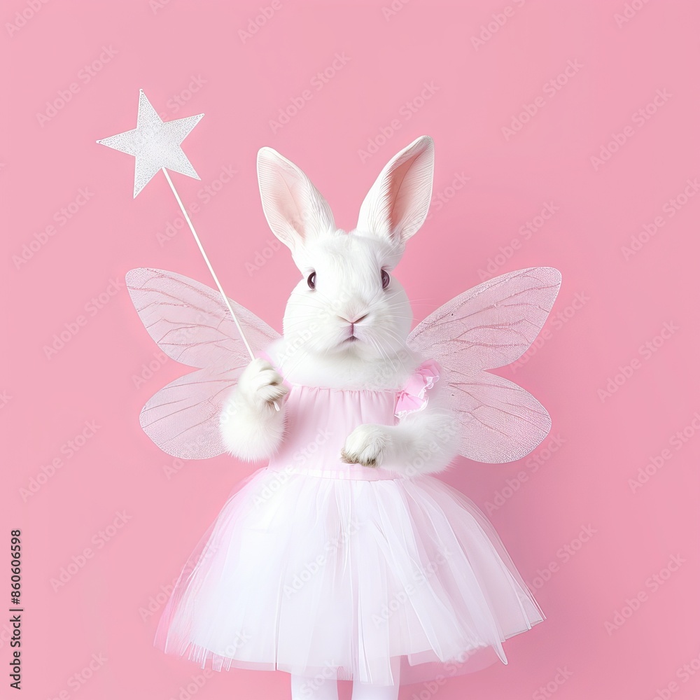 Obraz premium Fairy rabbit in a pink dress with a magic wand and wings. Concept: Magic and love, romance, fairy-tale characters, children's fantasies,