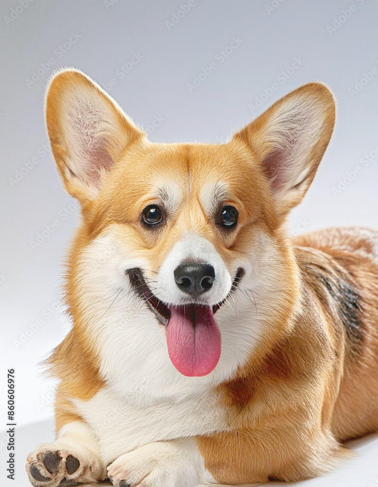 Pembroke welsh corgi dog, laying down and panting, on white studio background. Pembroke welsh corgi dog, laying down and panting, on white studio background.