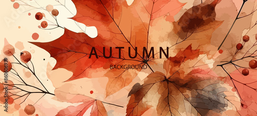 Abstract art autumn minimalistic background with brush texture and flying maple leaves. Hand-painted natural art with fall leaves. Autumn border 