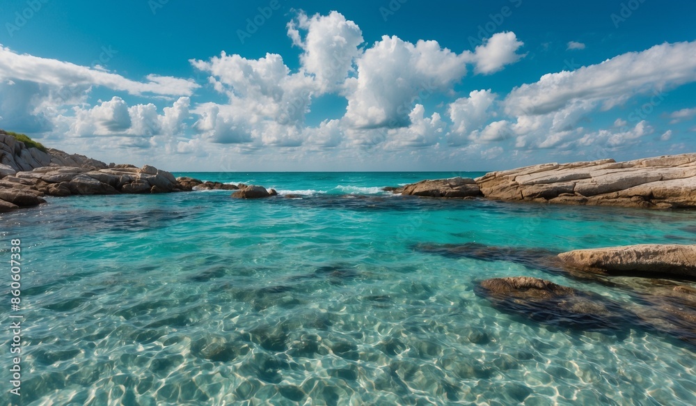 Beautiful turquoise water and rocks under blue sky with clouds Beautiful turquoise water and rocks under blue sky with clouds