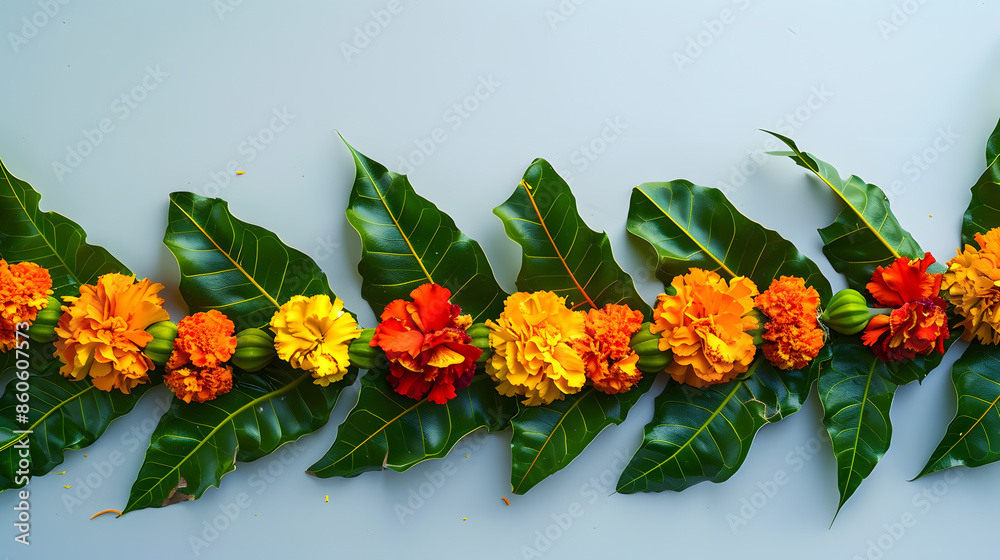 Obraz premium Indian flower door garland of mango leaves and marigold flowers for marriage and festivals traditional : Generative AI