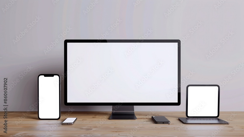 Computer screen mock up on white table. 3d render. Work space. Computer screen mock up on white table. 3d render. Work space.
