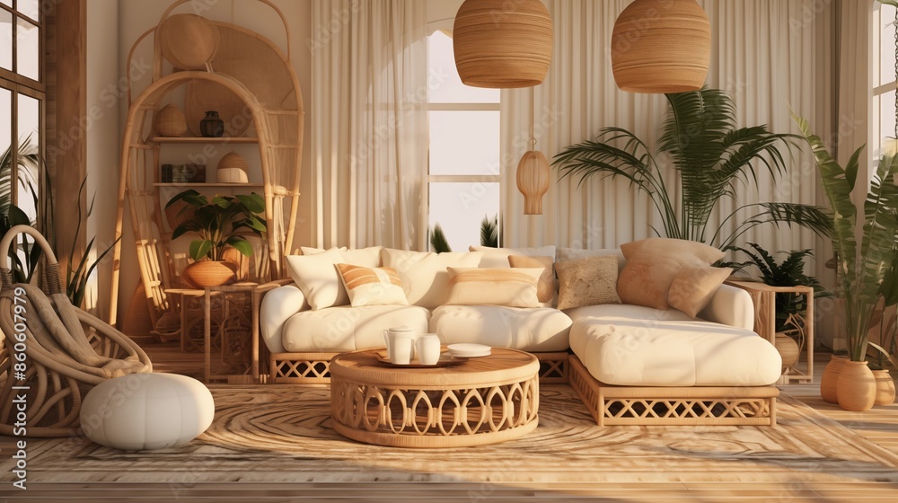 Fototapeta premium Contemporary Interior Design Background. Boho Living Room