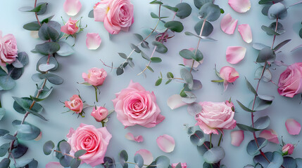 Flowers composition made of rose flowers and eucalyptus branches Mock up with flowers Flat lay top view : Generative AI