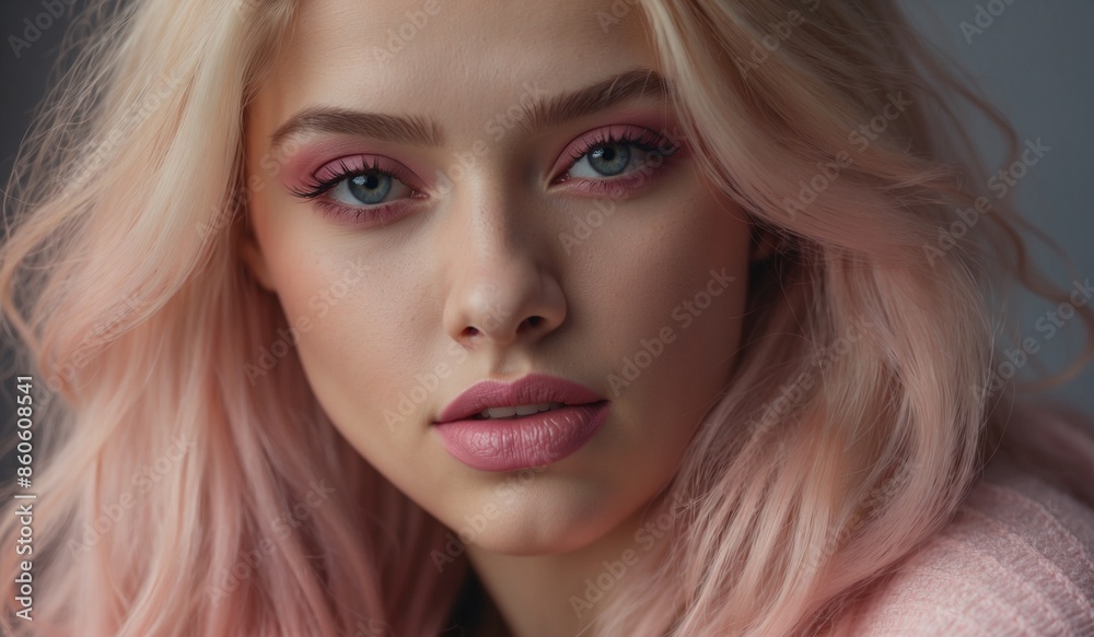 Close-up of young woman with pink makeup and hair. Close-up of young woman with pink makeup and hair.