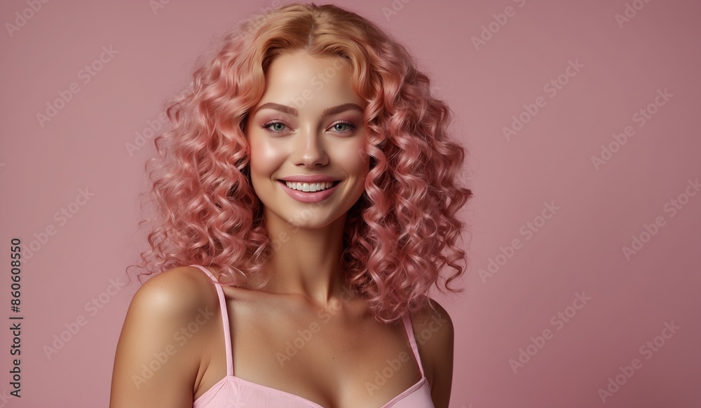 Cheerful woman with curly pink hair on pink backdrop. Cheerful woman with curly pink hair on pink backdrop.