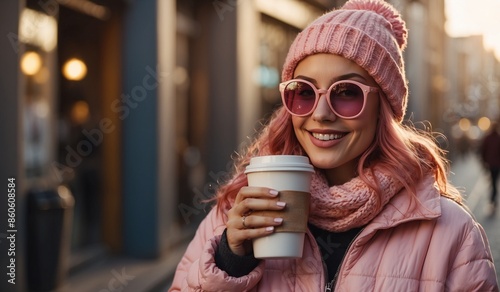 Smiling woman with pink hair holding coffee cup. © JohnTheArtist