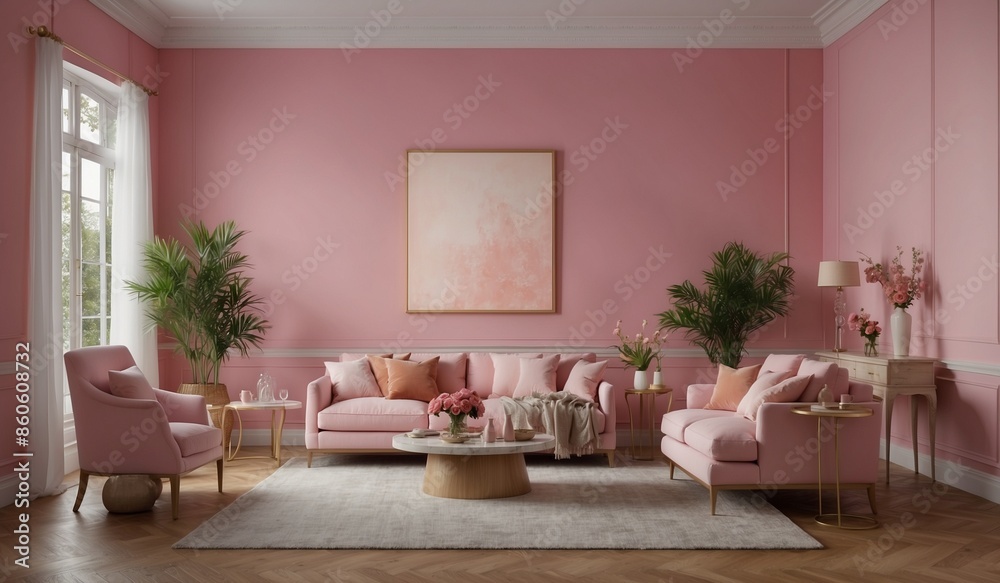 Fototapeta premium Luxurious pink-themed living room with cozy seating