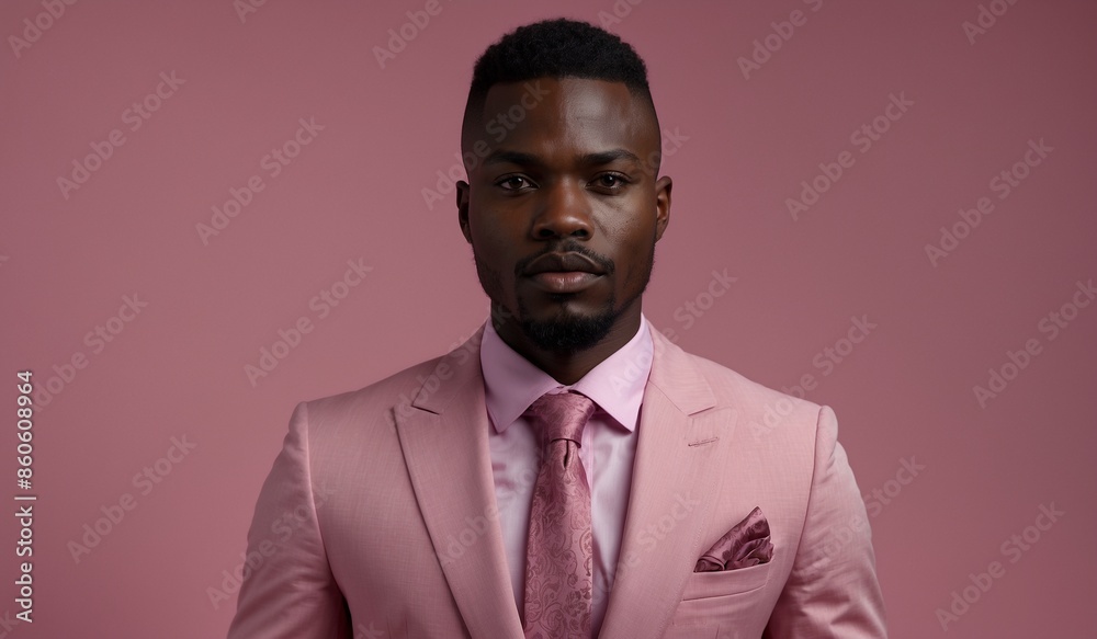Man in pink suit standing confidently in studio. Man in pink suit standing confidently in studio.