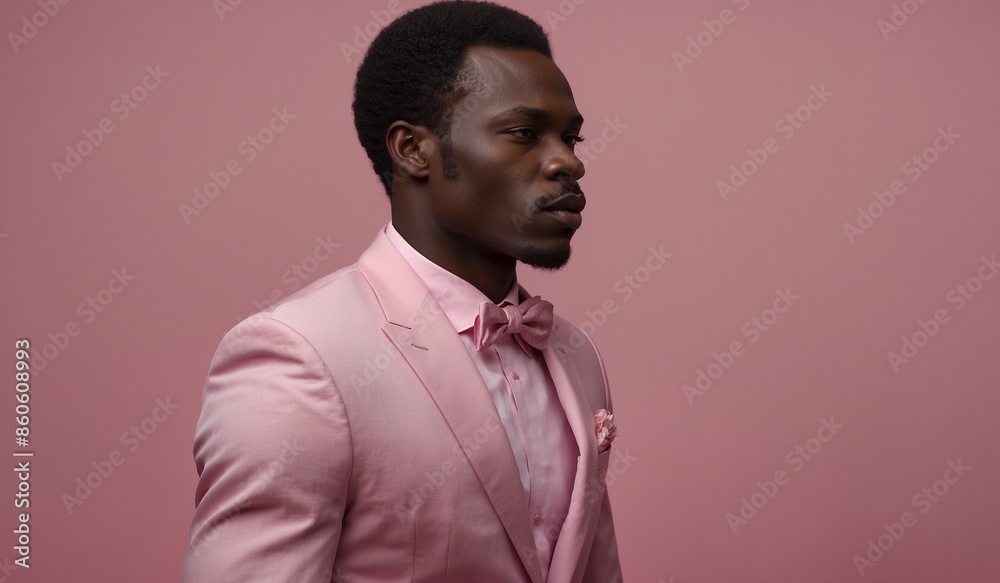 Obraz premium Man in elegant pink suit posing against pink backdrop.