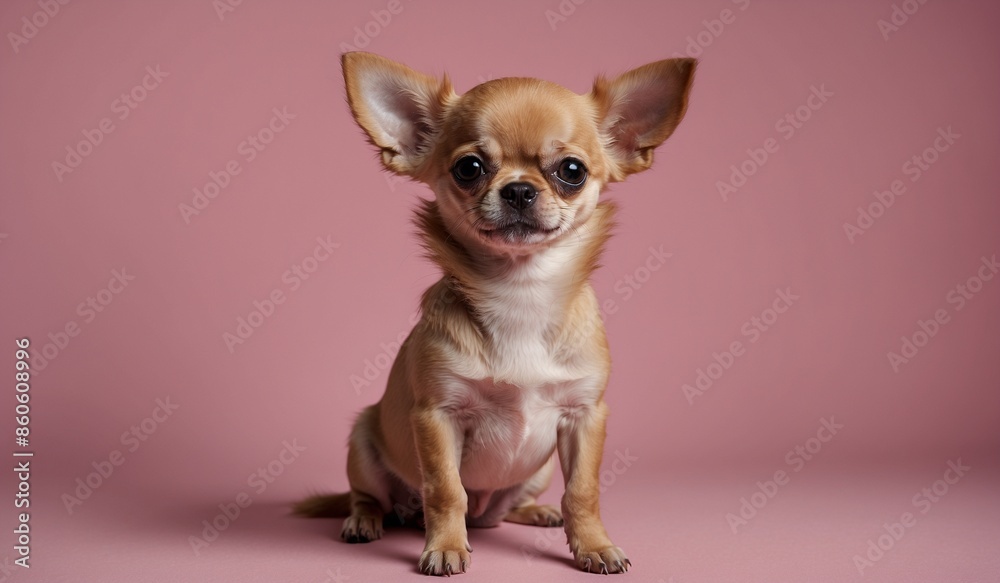 Small dog sitting against pink background, ears perked. Small dog sitting against pink background, ears perked.