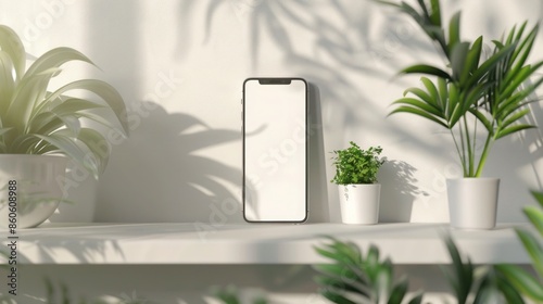 Smartphone mockup with blank screen on white table. 3D rendering #860608988