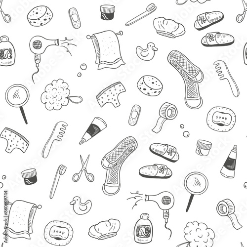 Hygiene and bath objects vector seamless line pattern.