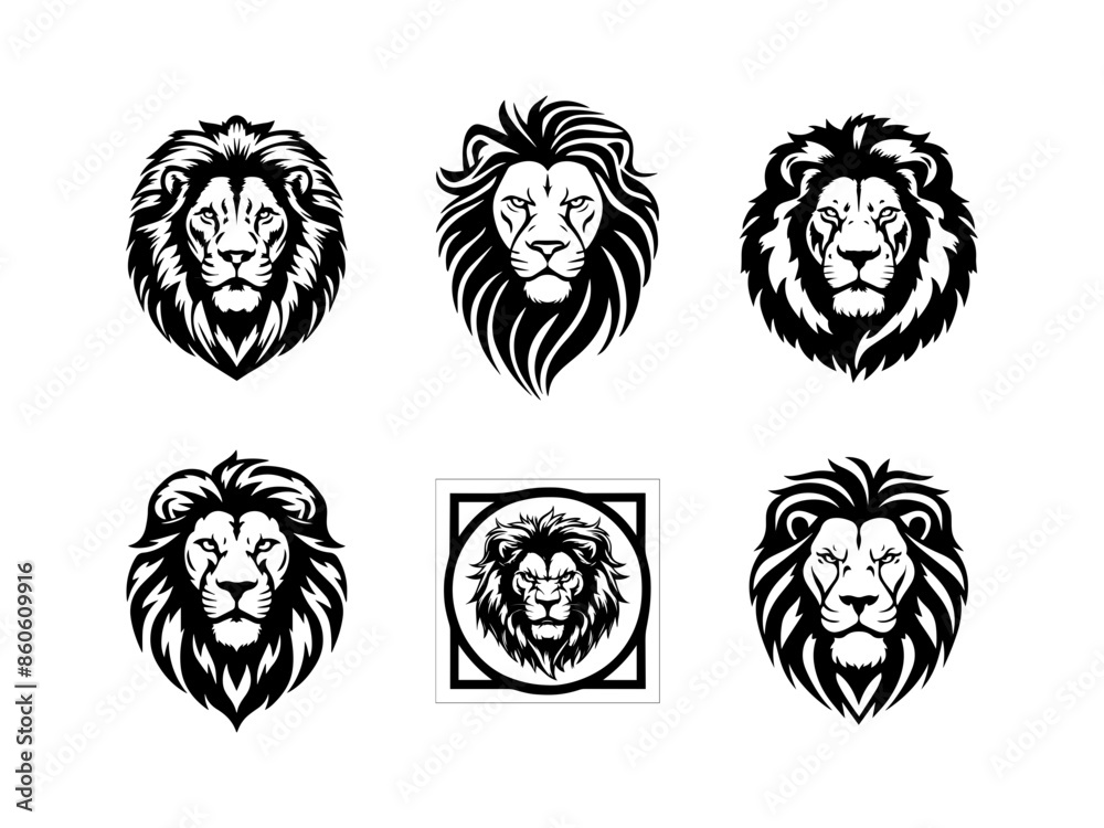 Fototapeta premium Majestic Mane Monochrome Lion Face Logo: Discover Elegance in Black and White, Perfect for Timeless Branding and Iconic Design – Unleash the Power and Grace of the King of Beasts in Your Visual Identi