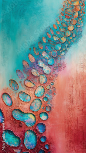 A stunning illustration of vibrant, iridescent footprints, meticulously rendered in mixed media combining bold brushstrokes and delicate digital etchings, morphing into mesmerizing shapes and patterns photo