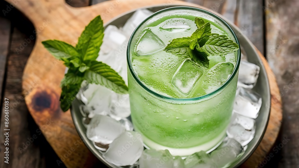 Fresh soda drink with ice and mint on wooden background Fresh soda drink with ice and mint on wooden background