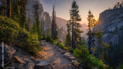 A serene mountain trail bordered by tall trees and rocky outcrops, bathed in the warm light of the setting sun.