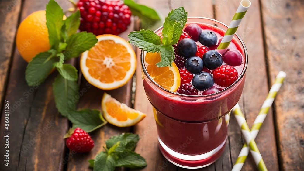 Fresh fruit smoothie berry a glass of red smoothie with orange and mint on a wooden table smoothie Fresh fruit smoothie berry a glass of red smoothie with orange and mint on a wooden table smoothie