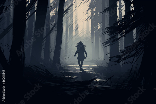 Silhouette of Woman Running in Moonlit Forest, Digital Art