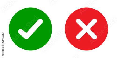 Green check mark and red cross mark icon set. Isolated tick symbols, checklist signs, approval badge. Checkmark and x or confirm and deny line art colored icon for apps and websites. Yes or no sign.