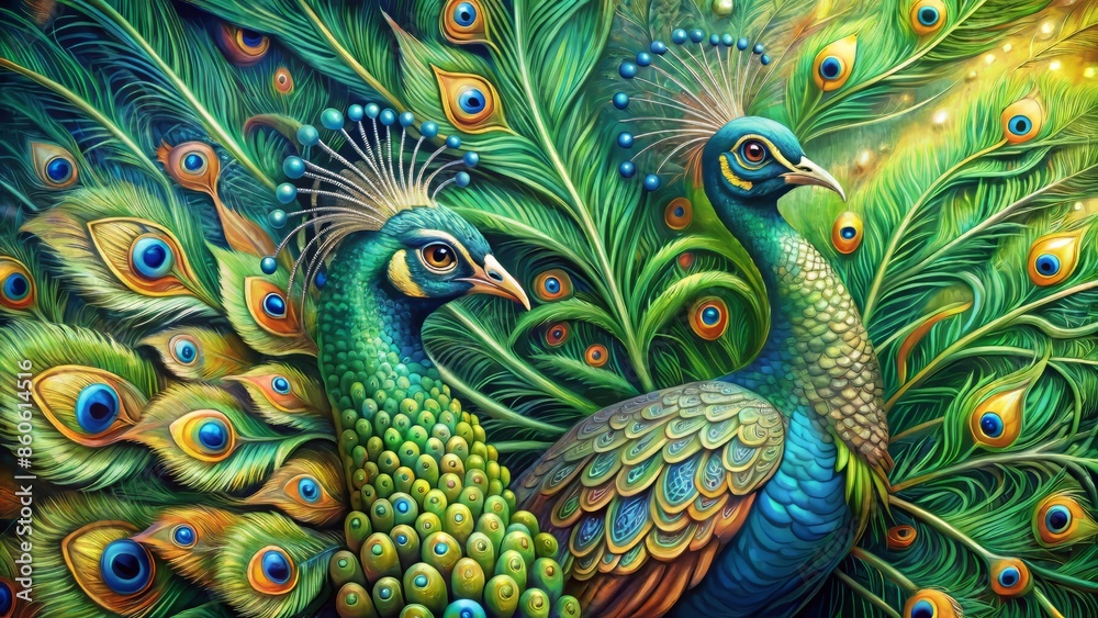 Obraz premium Vibrant peacock feathers unfolding in intricate designs, surrounded by lush greenery, await gentle strokes of soothing stress-relieving creativity.