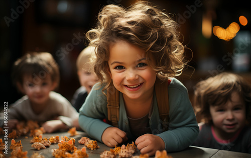 Little girl laying on table with food. Generative AI