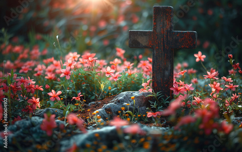 Cross amidst colorful field of flowers. Generative AI