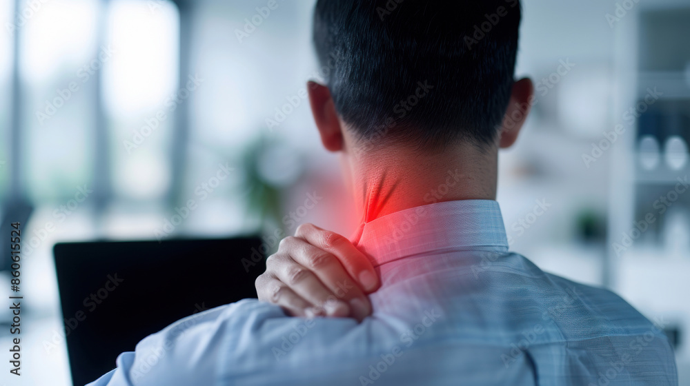 A person experiencing neck pain, highlighted with a red glow, indicating discomfort or a health condition. A person experiencing neck pain, highlighted with a red glow, indicating discomfort or a health condition.