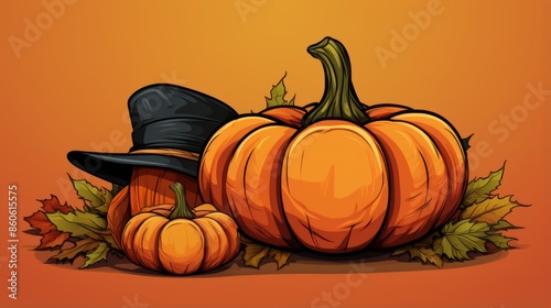 A collection of pumpkins is arranged next to a black hat, all placed against a backdrop rich in autumn leaves. This scene captures the essence of fall and Halloween festivities.
