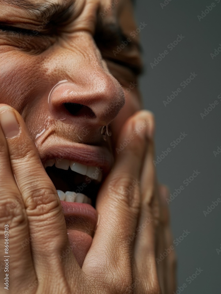 Close-up of a person in emotional distress, gripping their face tightly with both hands, displaying intense emotion and vulnerability. Close-up of a person in emotional distress, gripping their face tightly with both hands, displaying intense emotion and vulnerability.