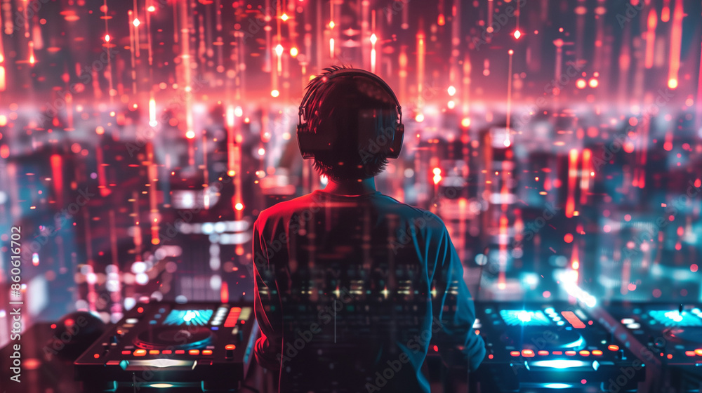 Young dj plays music on his controller at the city party. View from the back. Bright holographic background Young dj plays music on his controller at the city party. View from the back. Bright holographic background