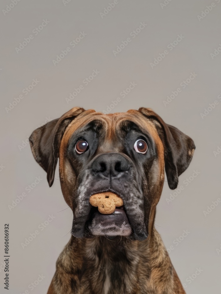 Obraz premium Adorable boxer dog with a surprised expression holding a biscuit in its mouth against a plain background.